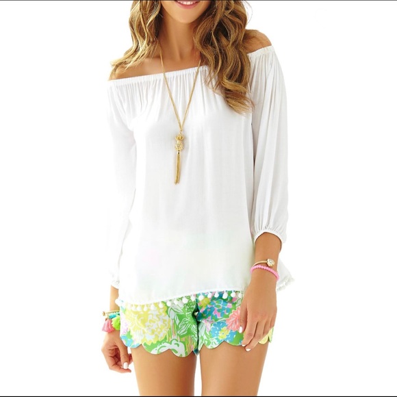 NWT Lilly Pulitzer Emma Top Resort White Off Shoulder Poms Balloon Sleeve